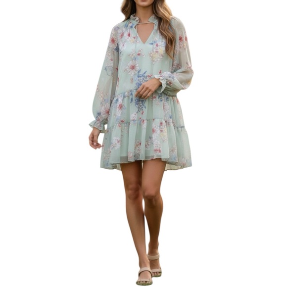 Altar'd State Dresses & Skirts - Altar'd State Sheer Mint Green Floral Cottegecore Babydoll Tiered Dress Medium
